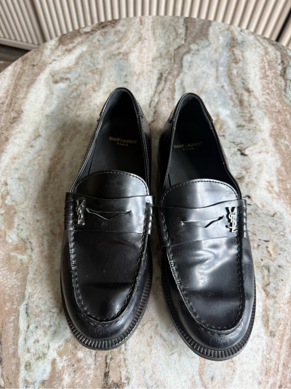 Saint Laurent YSL Black Leather Cassandre Penny Loafers Shoes 39